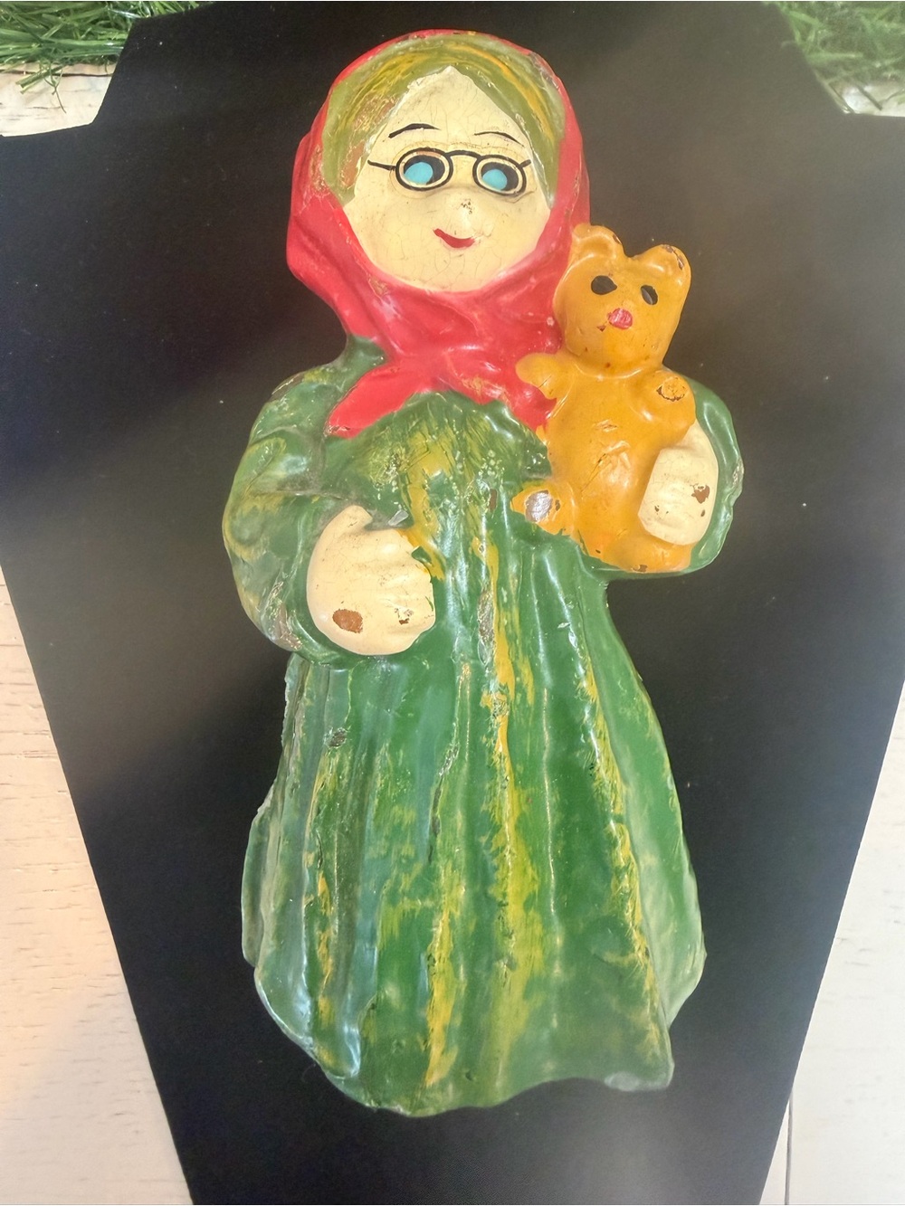 Vintage Wax Candle Painted Woman with Red Scarf and Yellow Bear